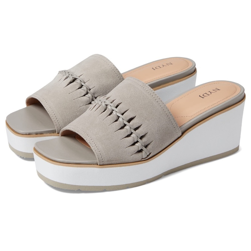 NYDJ‎ Peony Grey Suede Whipstitch Platform Wedge Sandals Slide Womens 9M